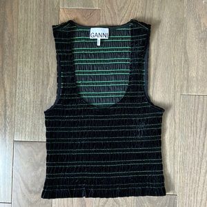 GANNI black velvet and green stitched tank